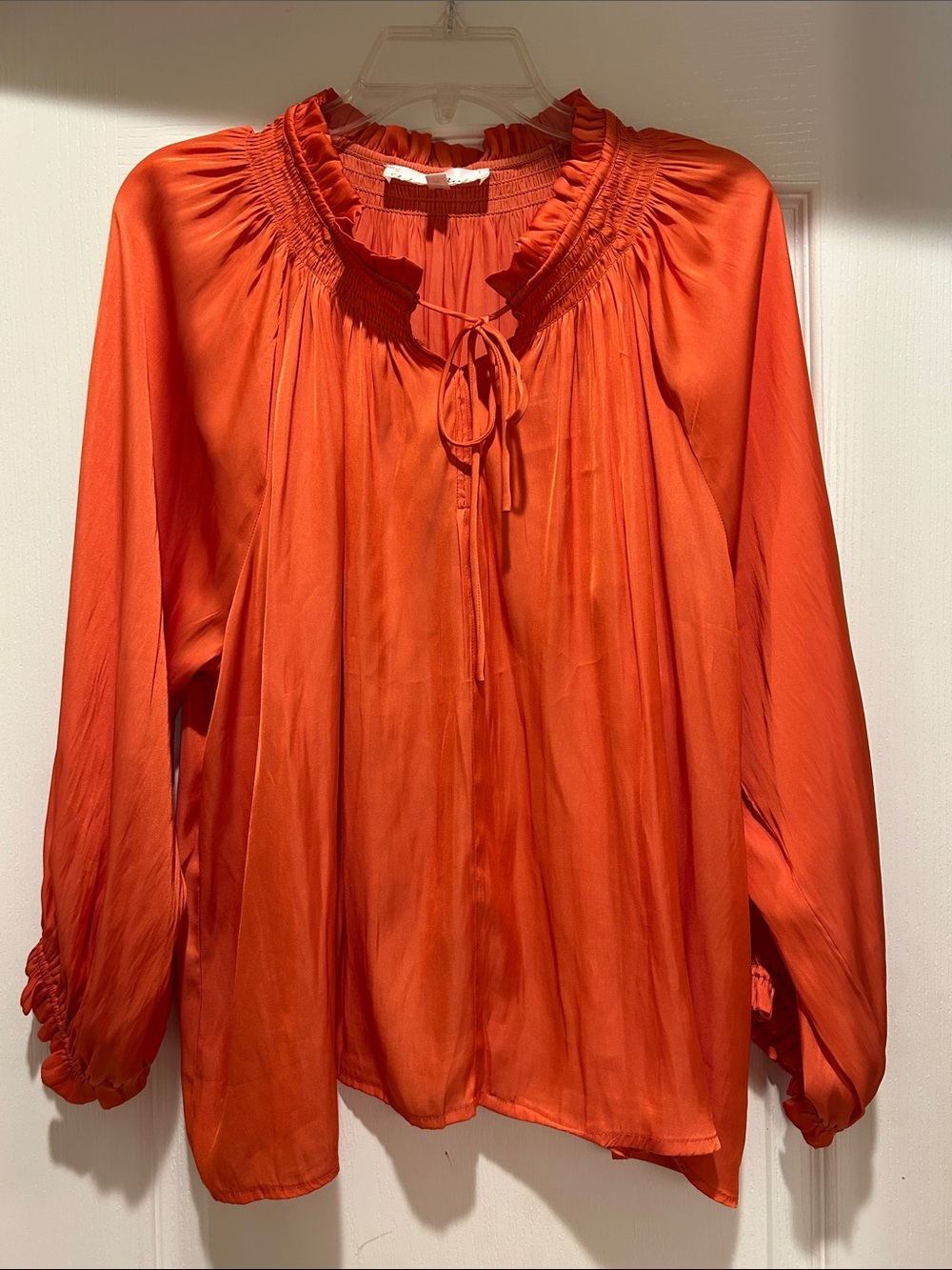Chelsea & Theodore Orange Peasant Blouse with Smocked Neck